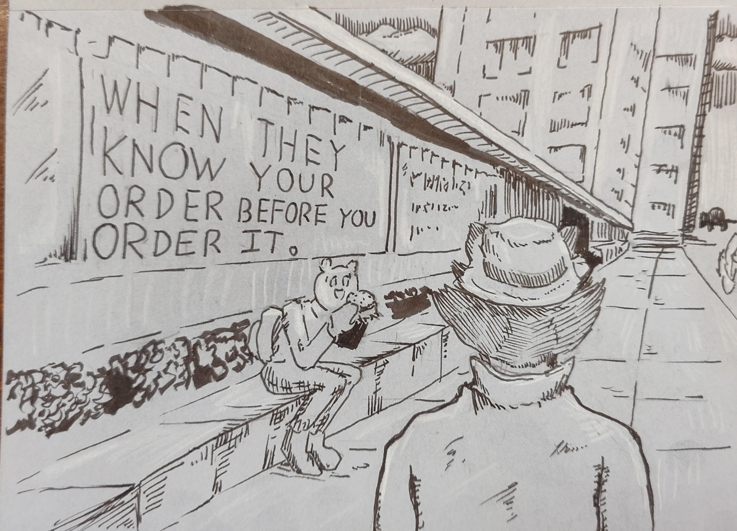 A'kon walks by a food court. "When they know your order before you order it." a slogan says.