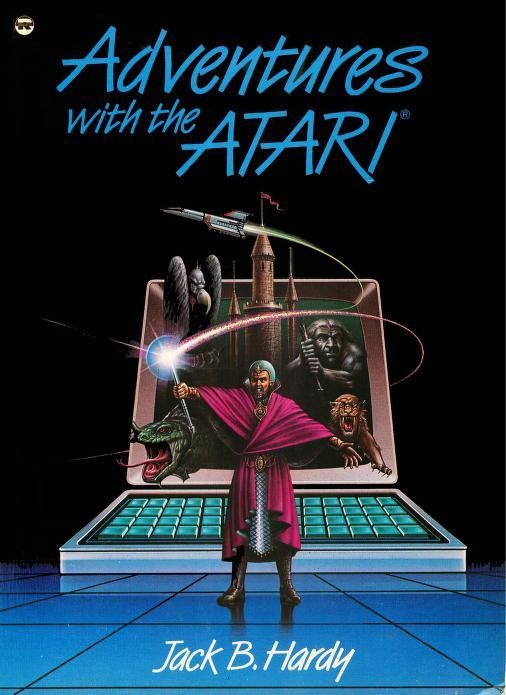 Adventures With the Atari, Jack B. Hardy.

A sorcerer on a grid landscape stands in front of an abstract microcomputer waving a stave, with various beasts, a spaceship and castle pouring out of it.
