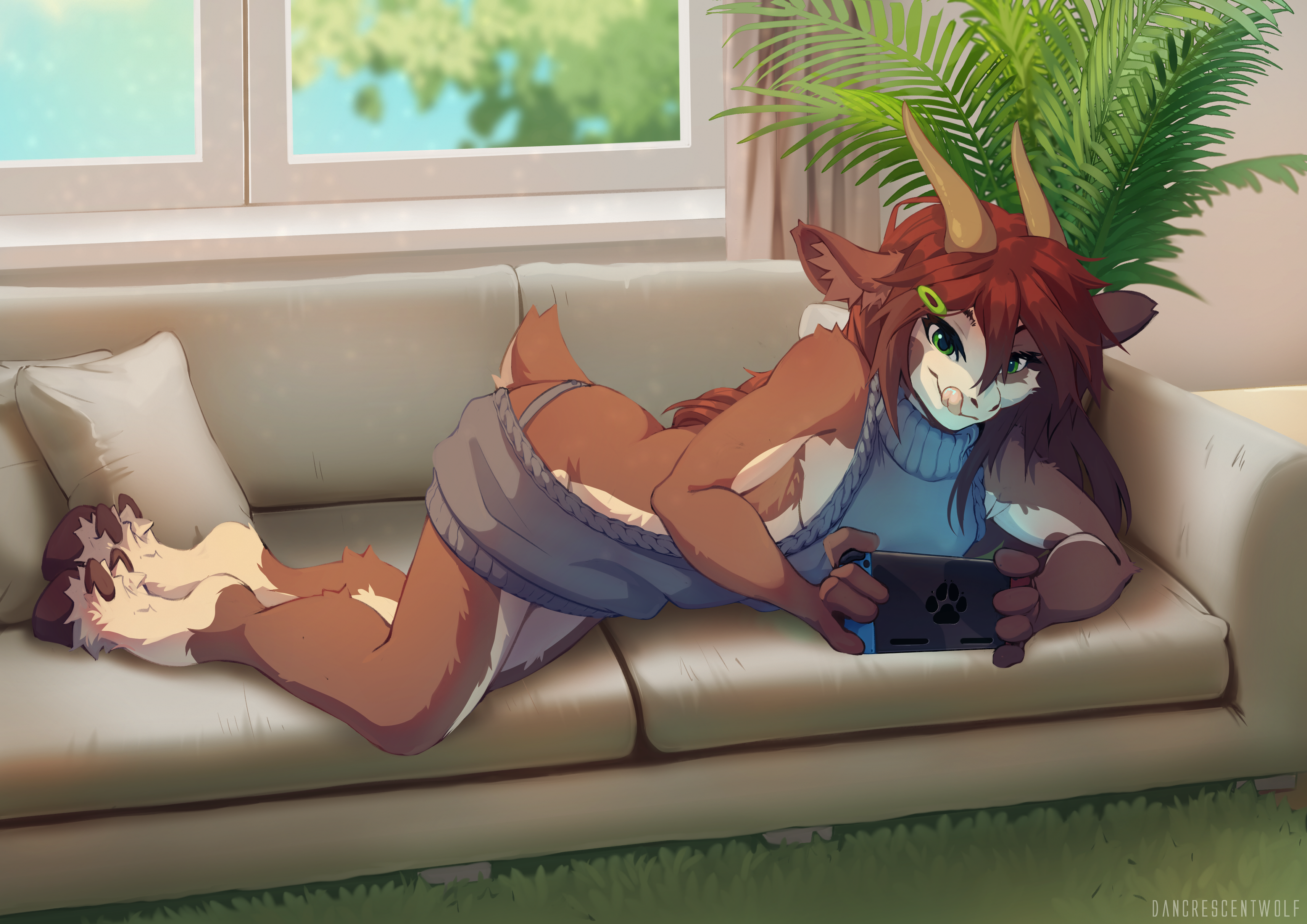 Anthro goat character laying on a sofa, playing with a handheld console.