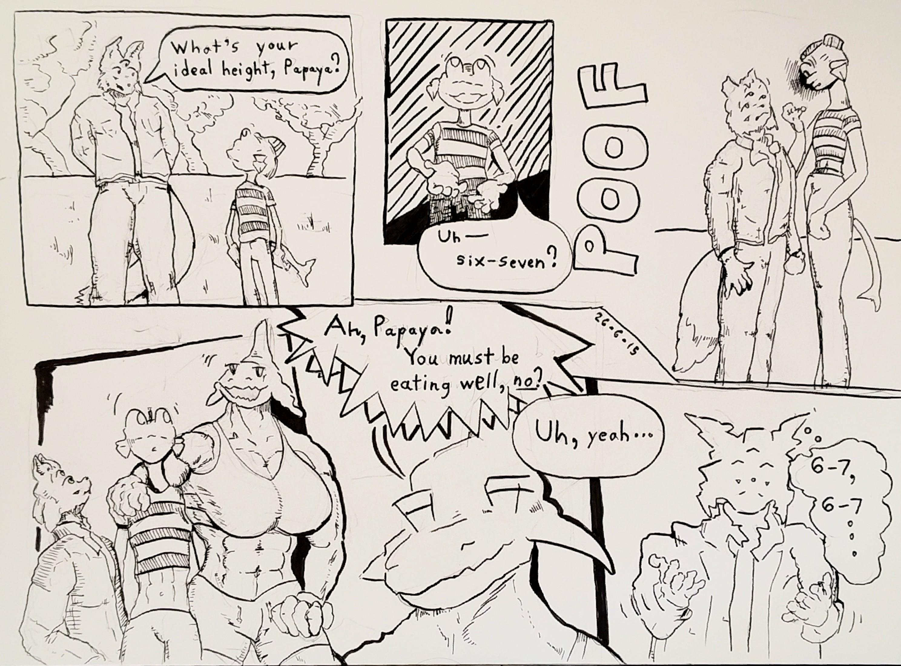 Triplefox: "What's your ideal height, Papaya?"
Papaya: "Uh - six seven?" (Does 67 hands) 
*Poof* (Papaya is 6'7")
Bahama appears: "Ah, Papaya! You must be eating well, no?"
"Uh, yeah..."
Triplefox tries doing the hands to no avail ("6-7, 6-7")